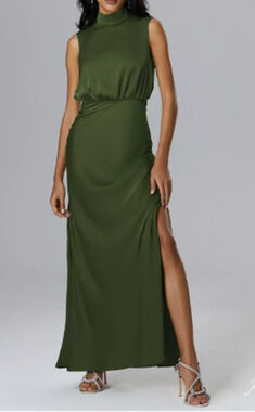 Sleeveless Olive Green Maxi Dress with High Neck and Side Slit